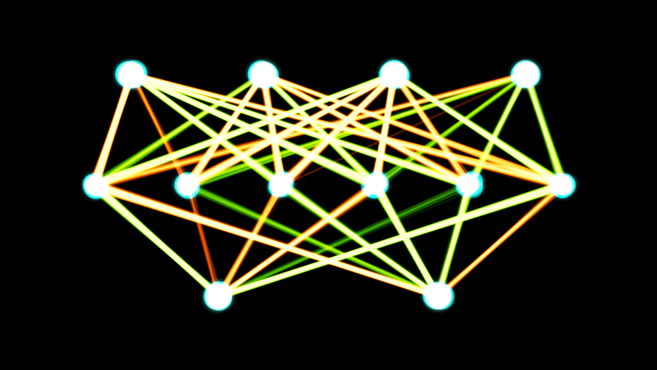 Image:  A single-layer feedforward artificial neural network with 4 inputs, 6 hidden and 2 outputs. Attribution: https://commons.wikimedia.org/wiki/File:Single-layer_feedforward_artificial_neural_network.png